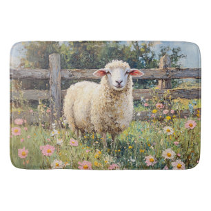 Spring Schaap met Wildflowers Schilderij Badmat