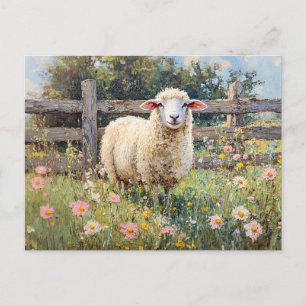 Spring Schaap met Wildflowers Schilderij Briefkaart