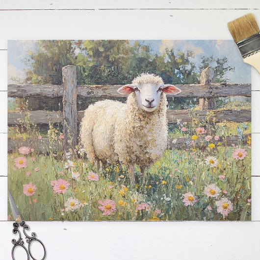 Spring Schaap met Wildflowers Schilderij Decoupage Tissuepapier