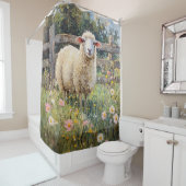 Spring Schaap met Wildflowers Schilderij Douchegordijn (In situ)