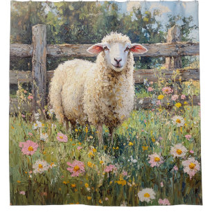 Spring Schaap met Wildflowers Schilderij Douchegordijn