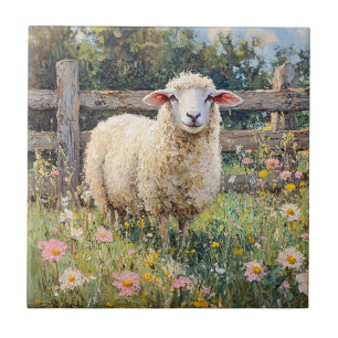 Spring Schaap met Wildflowers Schilderij Tegeltje