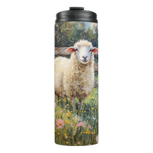 Spring Schaap met Wildflowers Schilderij Thermosbeker