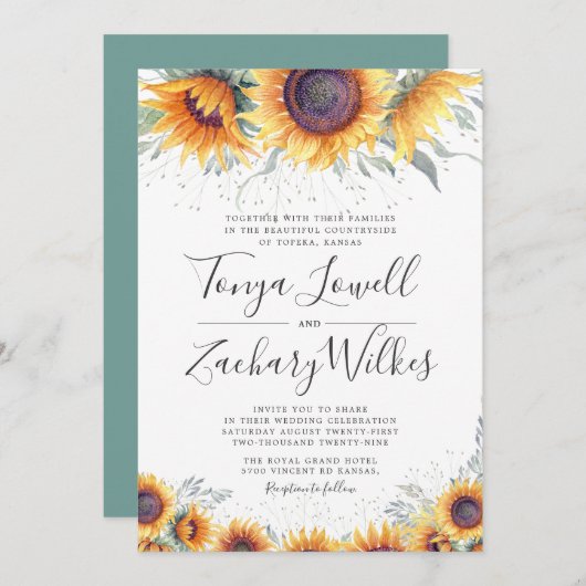 Spring Sunflower Bloom Wedding Invite Kaart (Voorkant / Achterkant)