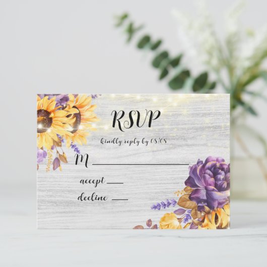 Spring Sunflower en Paarse Peony RSVP-kaarten RSVP Kaartje (Staand voorkant)