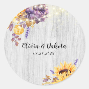Spring Sunflower en Paarse Peony Wedding Classic Ronde Sticker
