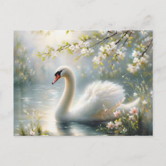 Spring Swan Swimming On Lake Blossoms Briefkaart