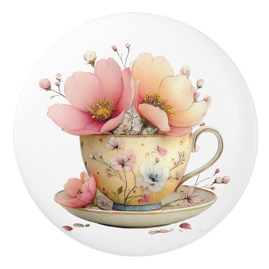 Spring Tea Cup of Tulips Keramische Knop (Voorkant)