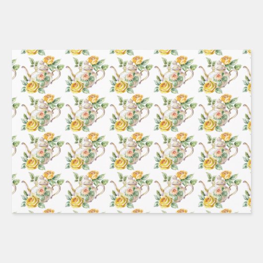 Spring Tea Party Gele theepotten en Rozen Inpakpapier Vel (Voorkant)