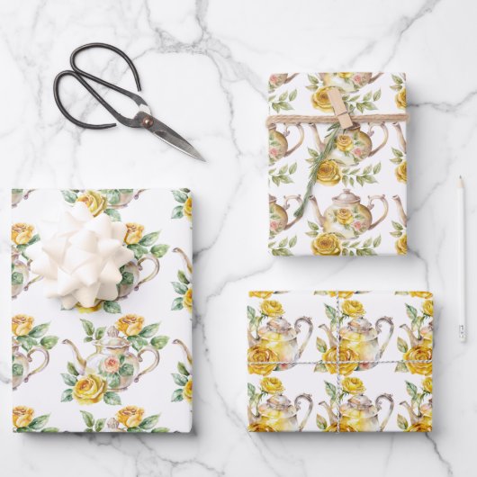 Spring Tea Party Gele theepotten en Rozen Inpakpapier Vel (Voorkant)
