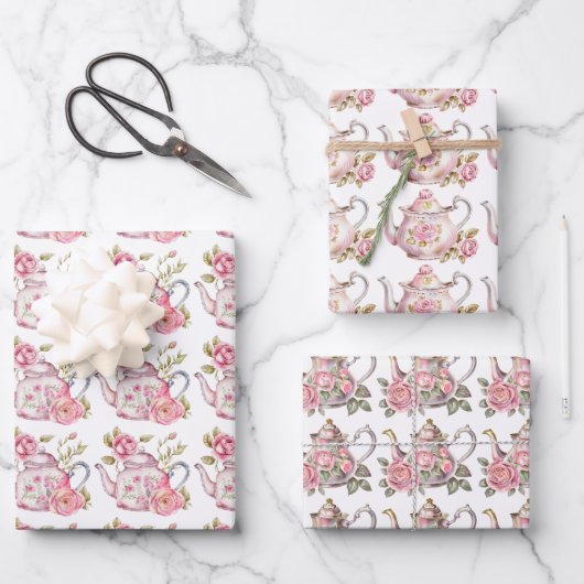 Spring Tea Party Roze theepotten en Rozen Inpakpapier Vel (Voorkant)