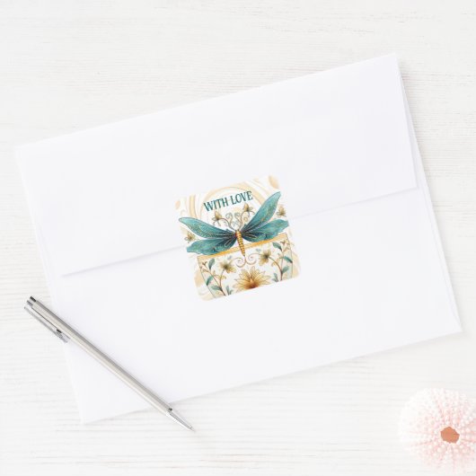 Spring Theme Whimsical Blue en Gold Dragonfly Vierkante Sticker (Envelop)