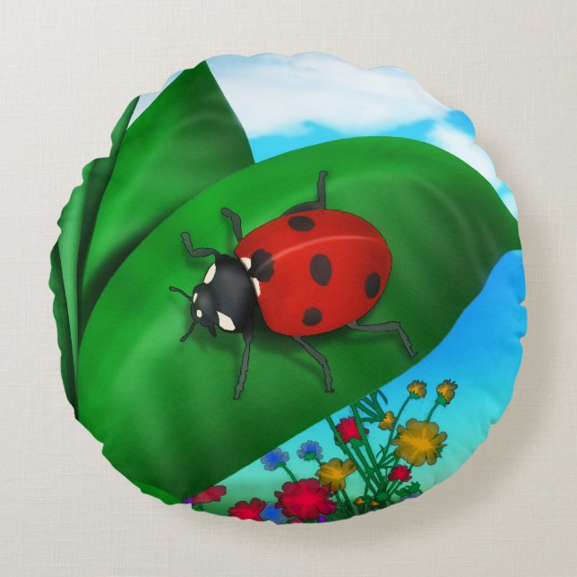 Spring Time Lady Bug Rond Kussen (Voorkant)