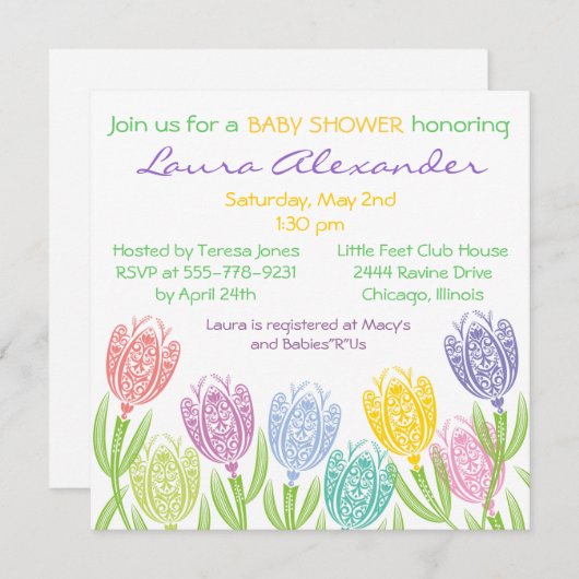 Spring Tulips - Baby shower Uitnodiging (Voorkant / Achterkant)