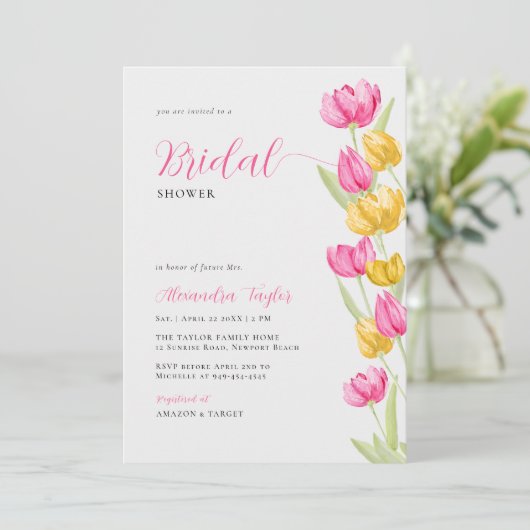 Spring Tulpen Boho Chic Roze Geel Vrijgezellenfees Kaart (Staand voorkant)