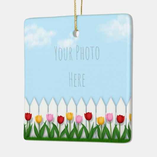 Spring Tulpen Wit Piket Fence Custom Foto Keramisch Ornament (Links)