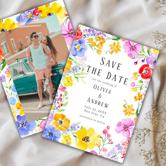 Spring Vibrant Waterverf Flowers Fotobruiloft Save The Date