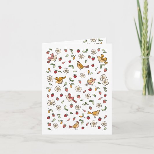Spring Vogels en Aardbeien Bloempatroon Blank Bedankkaart (Voorkant)