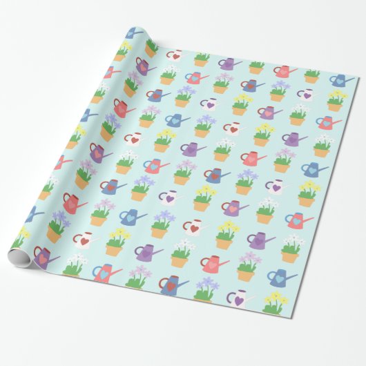 Spring Watering Can en Plant Pattern Cadeaupapier (Uitgerold)