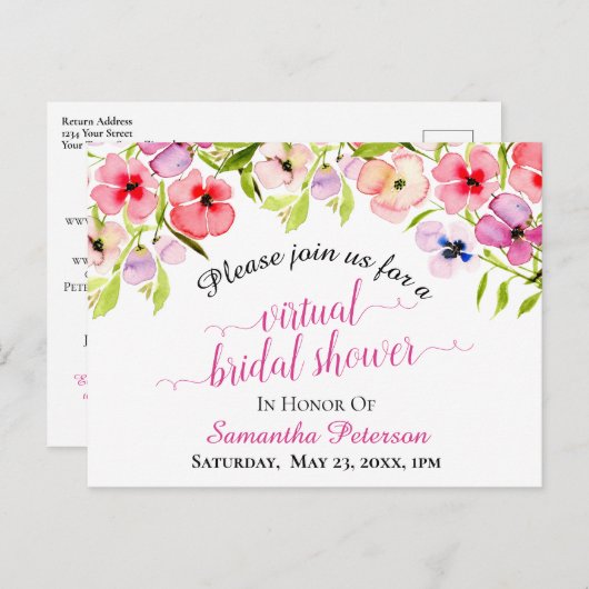 Spring Waterverf Pansies Virtual Vrijgezellenfeest Uitnodiging Briefkaart (Voorkant / Achterkant)