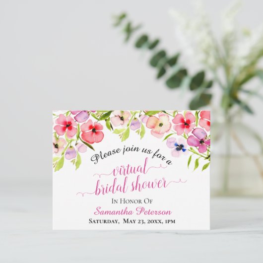 Spring Waterverf Pansies Virtual Vrijgezellenfeest Uitnodiging Briefkaart (Staand voorkant)