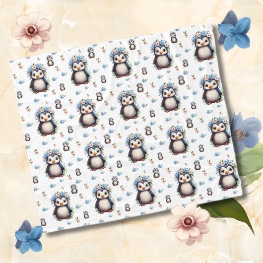 Spring Waterverf Pinguïns met Bloemen in Wit Fleece Deken