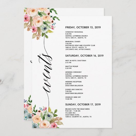 Spring Wedding Elegant Calligraphy Itinerary Card Programma (Voorkant / Achterkant)