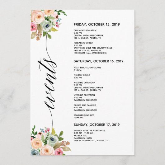Spring Wedding Elegant Calligraphy Itinerary Card Programma (Voorkant)