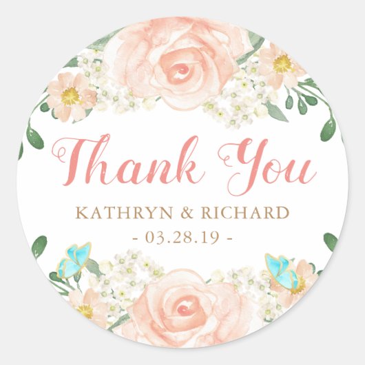 Spring Wedding Favor Blush Peach Flowers Bedankt Ronde Sticker (Voorkant)