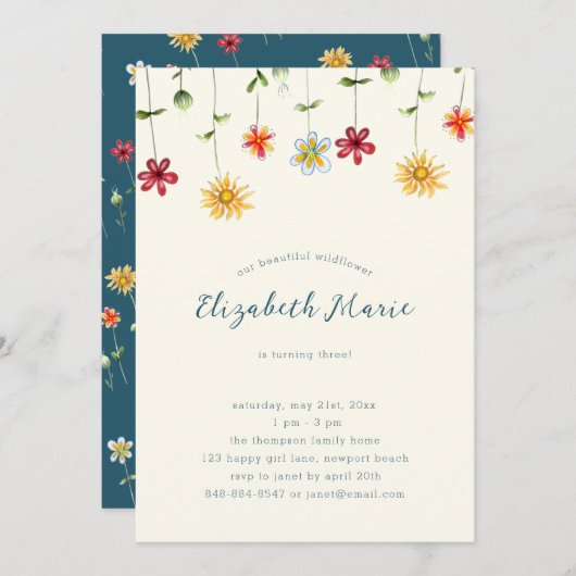 Spring Whimsical Wildbloemen Geel Girl Birthday Kaart (Voorkant / Achterkant)