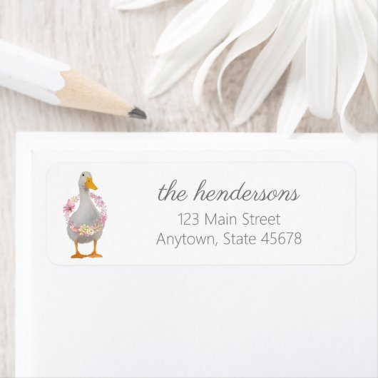 Spring White Duck met Floral Wreath Etiket (Insitu)