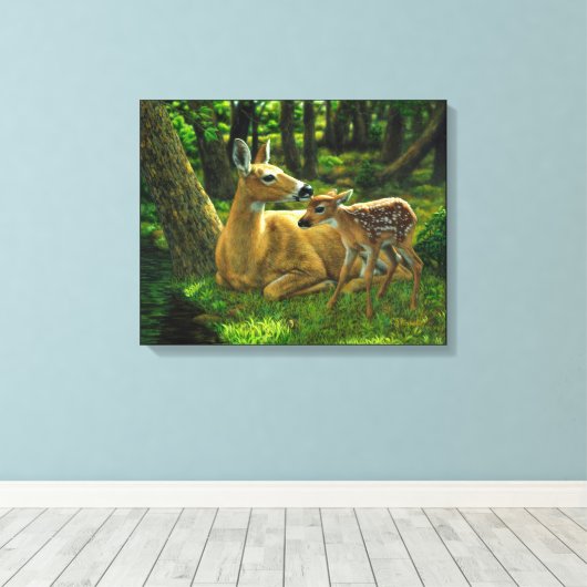 Spring Whitetail Fawn en moeder Deer Canvas Afdruk (Insitu (Houten vloer))