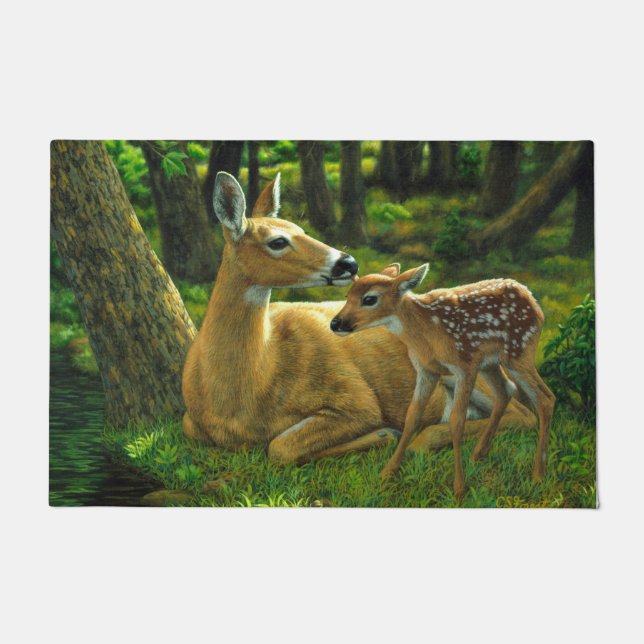 Spring Whitetail Fawn en moeder Deer Deurmat (Voorkant)