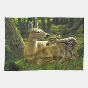 Spring Whitetail Fawn en moeder Deer Theedoek