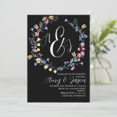 Spring Wild Flower Wreath Paars Black Wedding Kaart (Staand voorkant)