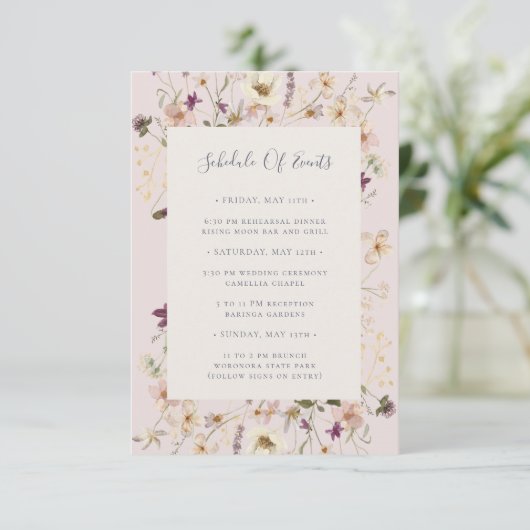 Spring Wildflower | Blush Schedule of Events Card Informatiekaartje (Staand voorkant)