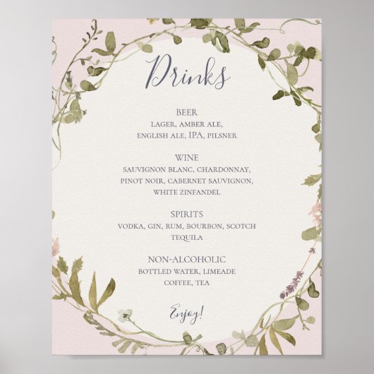 Spring Wildflower | Blush Wedding Drinken Menu Pos Poster (Voorkant)