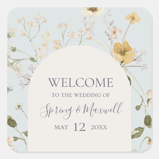 Spring Wildflower | Light Blue Wedding Welcome Vierkante Sticker (Voorkant)