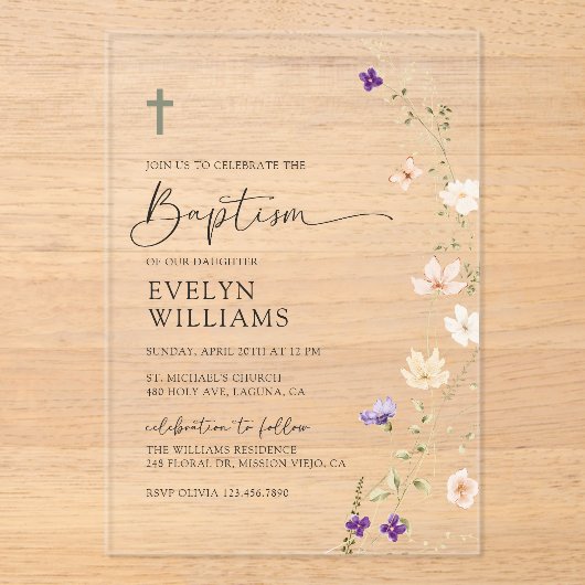 Spring Wildflower Meisje Bloemdoop Acryl Uitnodigingen (Voorkant)