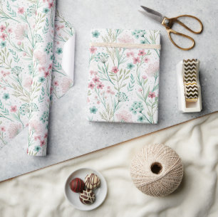 Spring Wildflower Print Blush & Soft Green Art Cadeaupapier