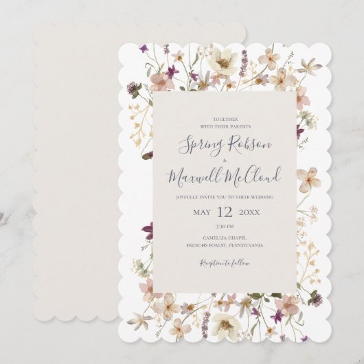 Spring Wildflower Scalloped White Casual Wedding Kaart (Voorkant / Achterkant)