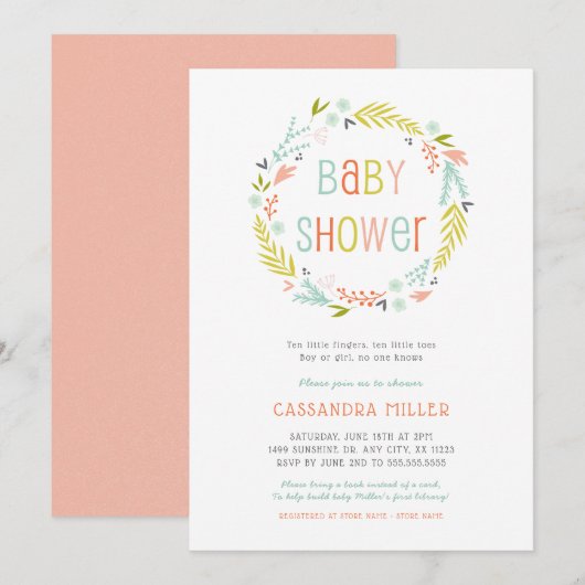 Spring Wreath Girl Baby shower Kaart (Voorkant / Achterkant)