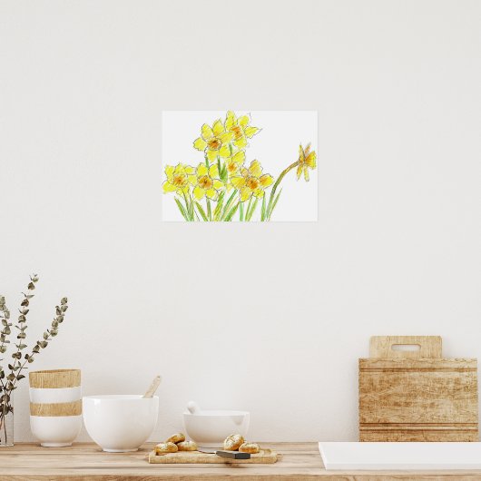 Spring Yellow Daffodil Garden Waterverf Tekening Poster (Keuken)