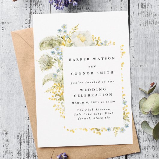 Spring Yellow Wildflower Waterverf Wedding Kaart