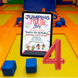 Springend GELUK, Trampoline 4e Verjaardag Kaart