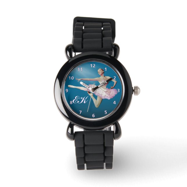 Springende Ballerina op Blauw, Monogram Horloge (Voorkant)