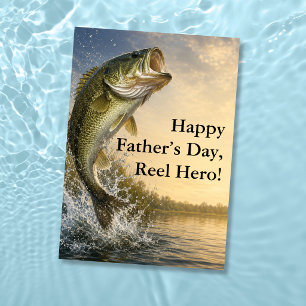 Springende Bass Reel Held Visserij Vaderdag Kaart