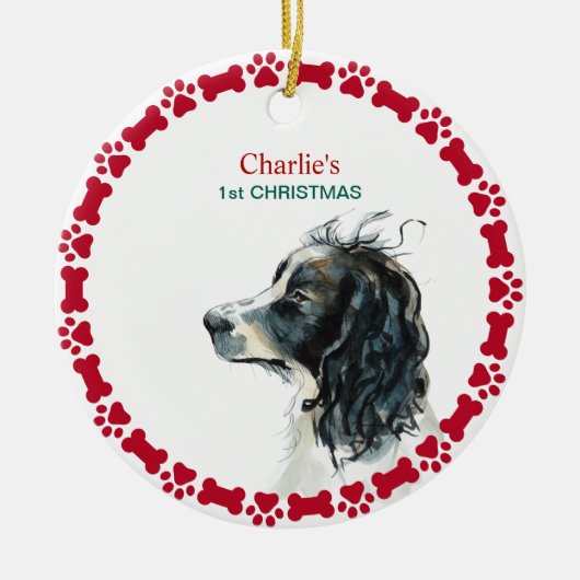 Springer Spaniel 1e Kerstmis Gepersonaliseerd Keramisch Ornament (Voorkant)