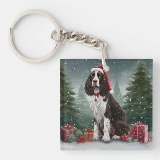 Springer Spaniël Hond in Sneeuw Kerstmis Sleutelhanger (Voorkant)