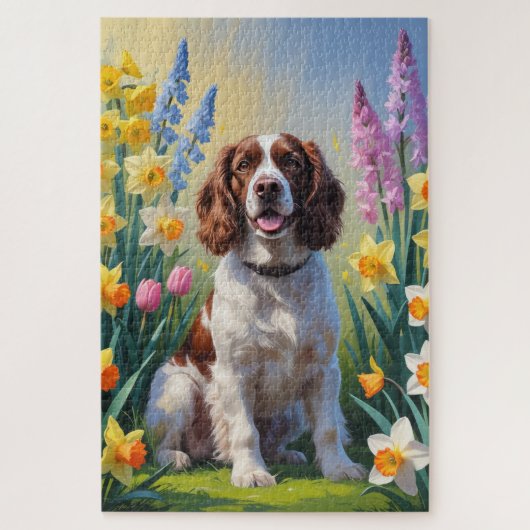 Springer Spaniel Hond Lente Bloemen Schilderij Legpuzzel (Verticaal)